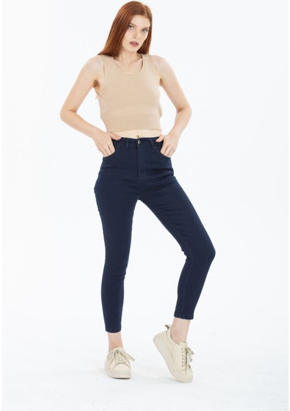 Koyu Mavi Yüksek Bel Toparlayıcı Dar Paça Skinny Power Likralı Kot Pantalon fırsatları