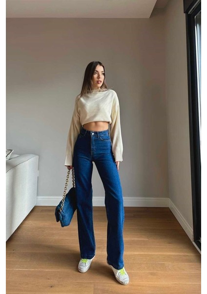 90's Koyu Mavi Süper Extra Yüksek Bel Palazzo Salaş Jean Pantolon