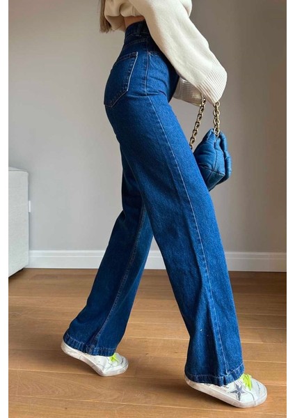 90's Koyu Mavi Süper Extra Yüksek Bel Palazzo Salaş Jean Pantolon