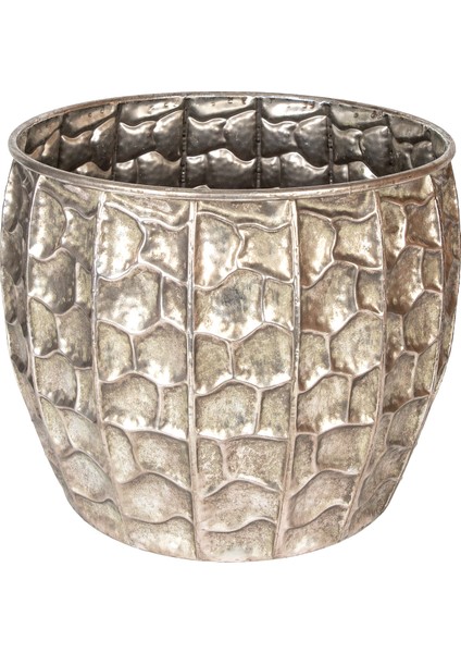 Kabartma Desenli Metal Çiçeklik Saksı Gümüş Eskitme 38,5X32,5 Cm.