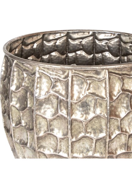 Kabartma Desenli Metal Çiçeklik Saksı Gümüş Eskitme 38,5X32,5 Cm.