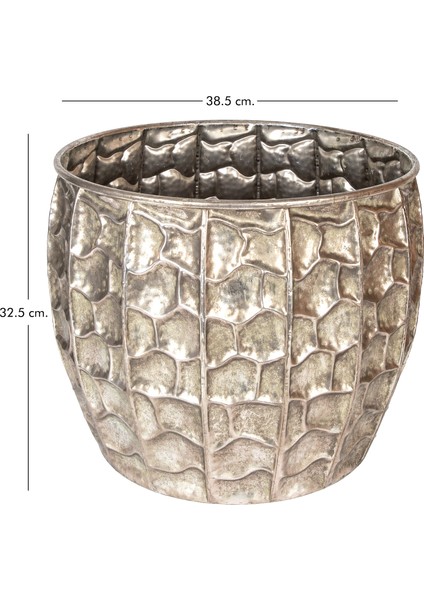 Kabartma Desenli Metal Çiçeklik Saksı Gümüş Eskitme 38,5X32,5 Cm.