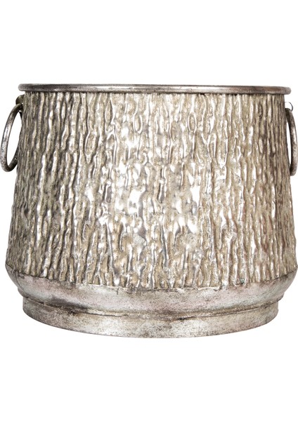 Kabartma Desenli Metal Çiçeklik Kazan Saksı Gümüş Eskitme 32X24,5 Cm.