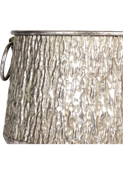 Kabartma Desenli Metal Çiçeklik Kazan Saksı Gümüş Eskitme 32X24,5 Cm.