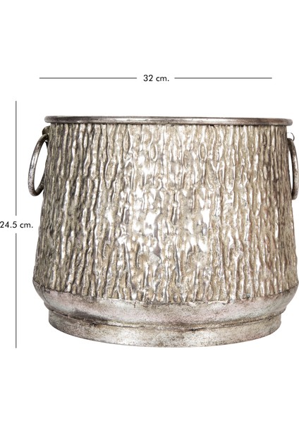Kabartma Desenli Metal Çiçeklik Kazan Saksı Gümüş Eskitme 32X24,5 Cm.