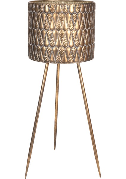 Kabartma Damla Desenli Metal Çiçeklik Saksı Altın Eskitme 29X79 Cm.