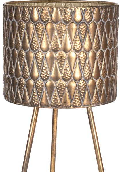 Kabartma Damla Desenli Metal Çiçeklik Saksı Altın Eskitme 29X79 Cm.