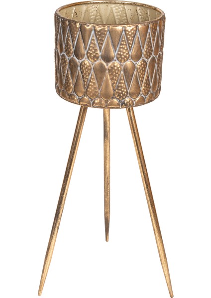 Kabartma Damla Desenli Metal Çiçeklik Saksı Altın Eskitme 29X79 Cm.