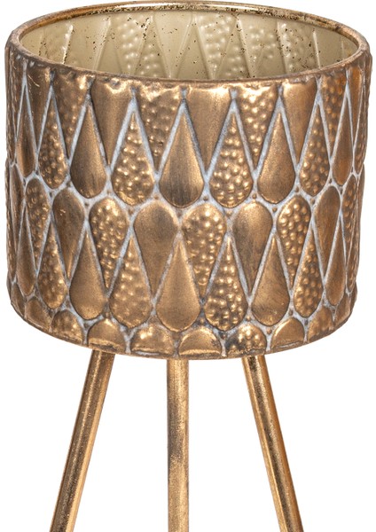 Kabartma Damla Desenli Metal Çiçeklik Saksı Altın Eskitme 29X79 Cm.