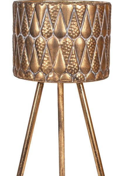 Kabartma Damla Desenli Metal Çiçeklik Saksı Altın Eskitme 29X79 Cm.