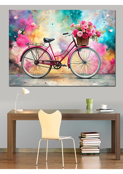 Pembe Retro Bisiklet ve Çiçekler Dekoratif Kanvas - Mdf Ahşap Tablo