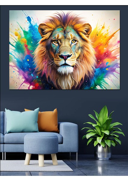 Renkli Aslan Dekoratif Kanvas - Mdf Ahşap Tablo