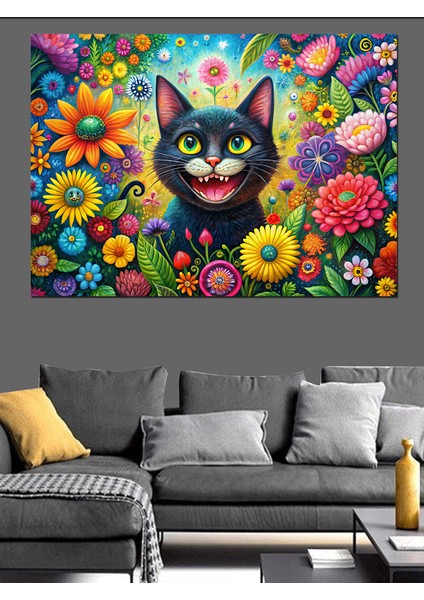 Çiçekler ve Sevimli Kedi Dekoratif Kanvas - Mdf Ahşap Tablo