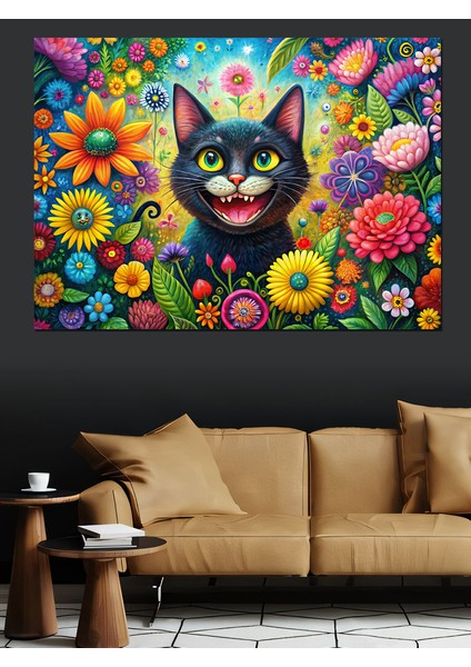 Çiçekler ve Sevimli Kedi Dekoratif Kanvas - Mdf Ahşap Tablo fiyatları