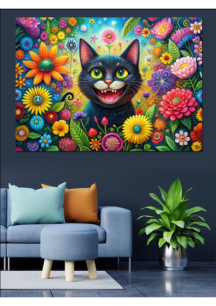 Çiçekler ve Sevimli Kedi Dekoratif Kanvas - Mdf Ahşap Tablo modelleri