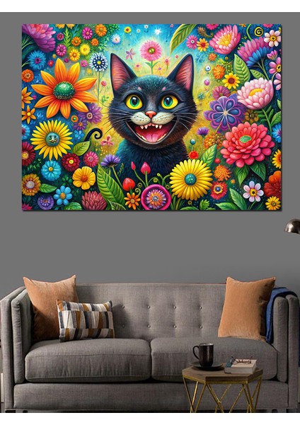 Çiçekler ve Sevimli Kedi Dekoratif Kanvas - Mdf Ahşap Tablo fırsatları