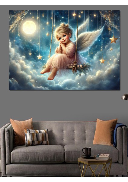 Bulutların Üstünde Sallanan Melek Kız Dekoratif Kanvas - Mdf Ahşap Tablo