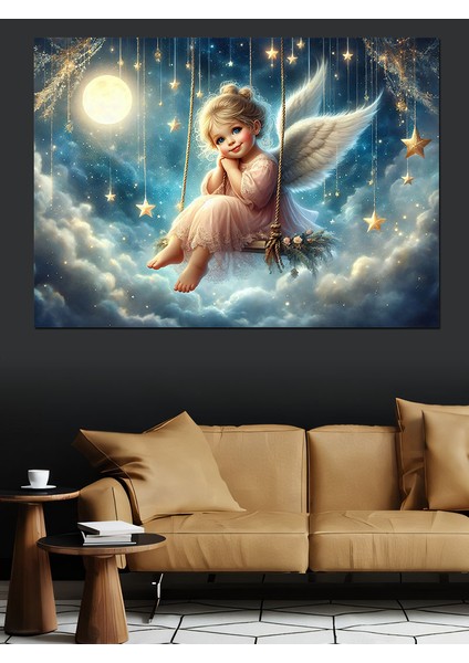 Bulutların Üstünde Sallanan Melek Kız Dekoratif Kanvas - Mdf Ahşap Tablo fırsatları