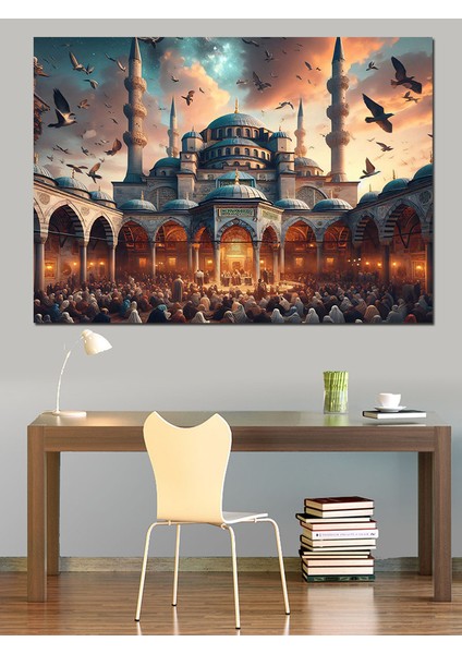 Cami Manzarası ve Ibadet Eden Insanlar Dekoratif Kanvas - Mdf Ahşap Tablo fırsatları