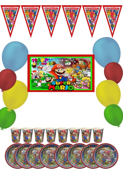 Süper Mario Bayraklı ve Afişli 8 Kişilik Doğum Günü Parti Malzemeleri Süsleri Seti