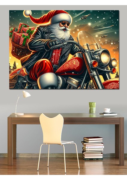 Motorla Hediye Dağıtan Noel Baba Dekoratif Kanvas - Mdf Ahşap Tablo