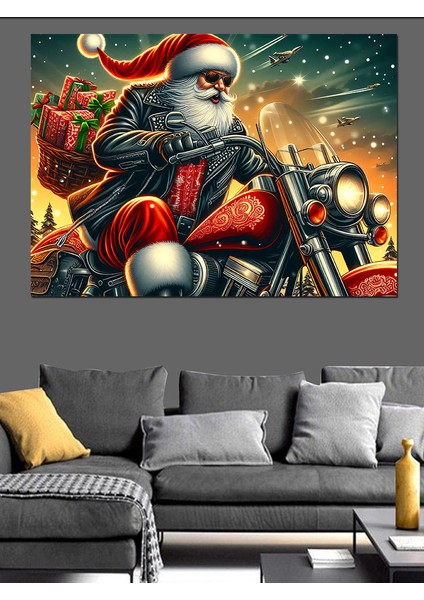 Motorla Hediye Dağıtan Noel Baba Dekoratif Kanvas - Mdf Ahşap Tablo