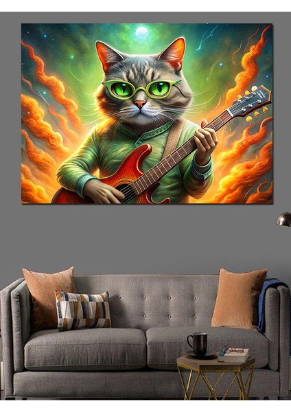 Elektro Gitar Çalan Kedi Dekoratif Kanvas - Mdf Ahşap Tablo