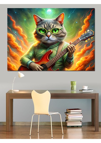 Elektro Gitar Çalan Kedi Dekoratif Kanvas - Mdf Ahşap Tablo fiyatları