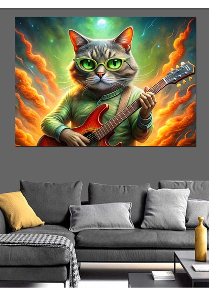 Elektro Gitar Çalan Kedi Dekoratif Kanvas - Mdf Ahşap Tablo modelleri