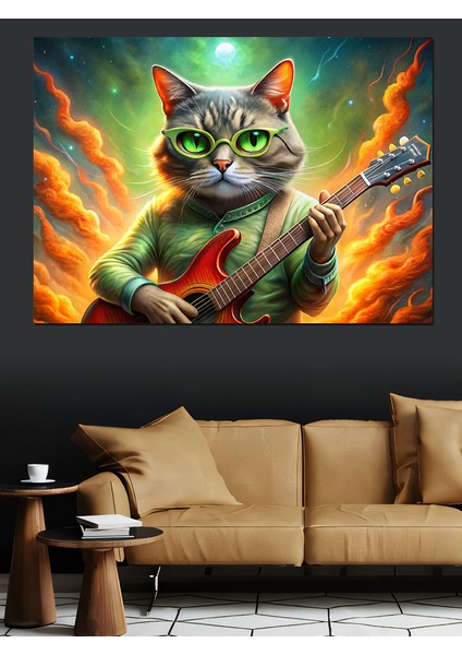 Elektro Gitar Çalan Kedi Dekoratif Kanvas - Mdf Ahşap Tablo fırsatları
