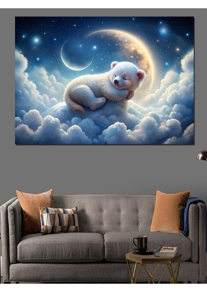 Bulutların Üstündeki Sevimli Kutup Ayısı Dekoratif Kanvas - Mdf Ahşap Tablo