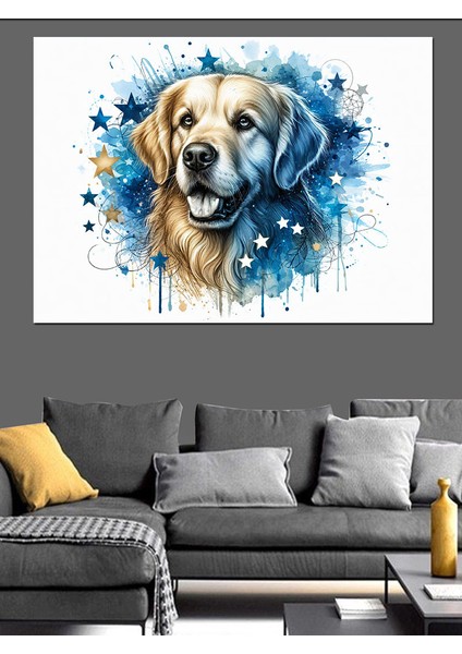Golden Cinsi Köpek ve Yıldızlar Dekoratif Kanvas - Mdf Ahşap Tablo