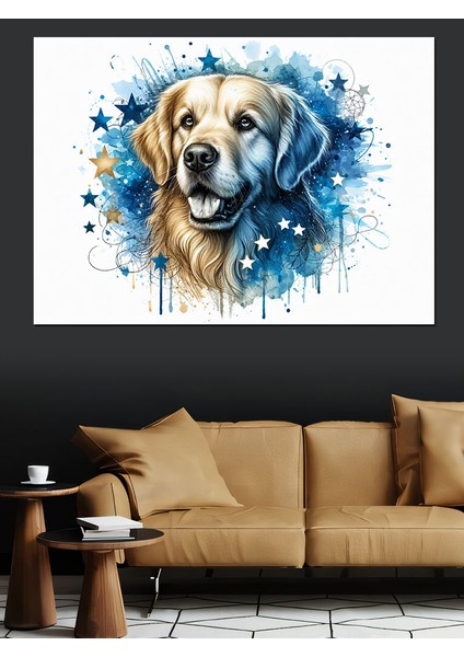 Golden Cinsi Köpek ve Yıldızlar Dekoratif Kanvas - Mdf Ahşap Tablo fiyatları