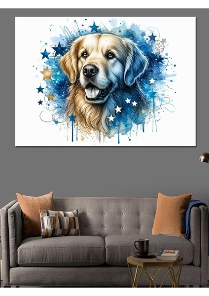 Golden Cinsi Köpek ve Yıldızlar Dekoratif Kanvas - Mdf Ahşap Tablo fırsatları