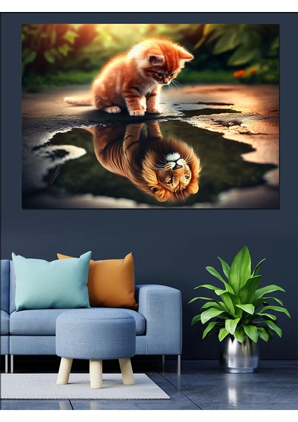 Minik Kedi ve Yansıması Dekoratif Kanvas - Mdf Ahşap Tablo
