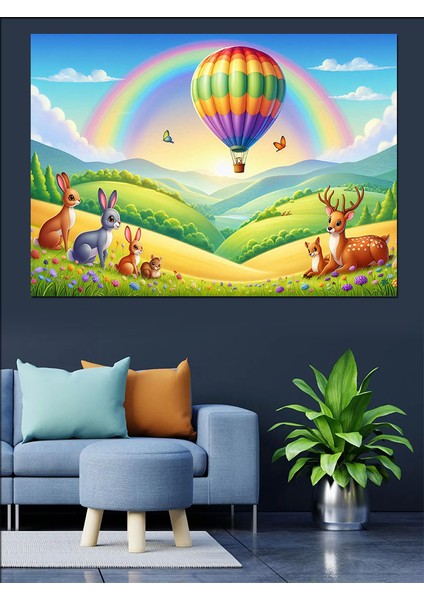 Sevimli Hayvanlar ve Uçan Balon Dekoratif Kanvas - Mdf Ahşap Tablo