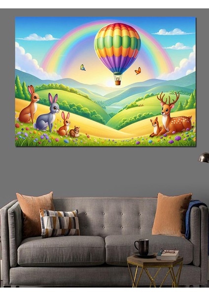 Sevimli Hayvanlar ve Uçan Balon Dekoratif Kanvas - Mdf Ahşap Tablo fiyatları