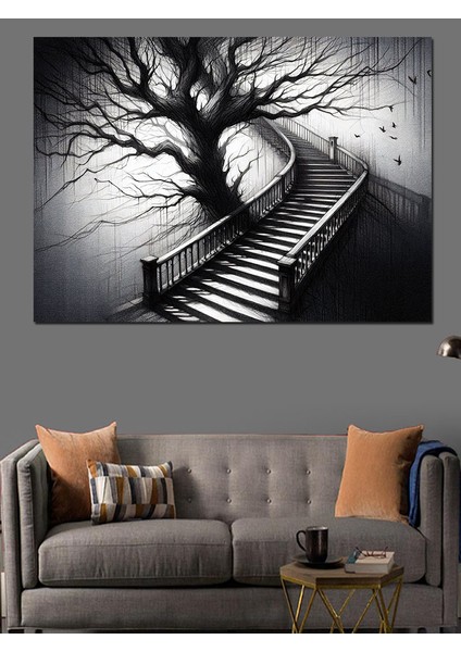 Kasvetli Merdiven ve Ağaç Dekoratif Kanvas - Mdf Ahşap Tablo