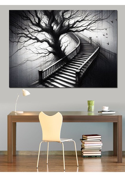 Kasvetli Merdiven ve Ağaç Dekoratif Kanvas - Mdf Ahşap Tablo fiyatları