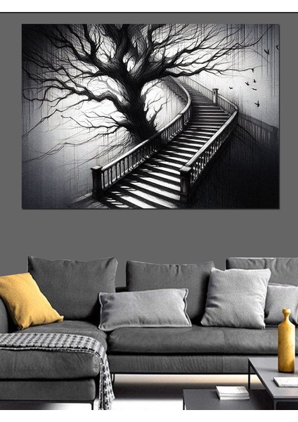 Kasvetli Merdiven ve Ağaç Dekoratif Kanvas - Mdf Ahşap Tablo modelleri