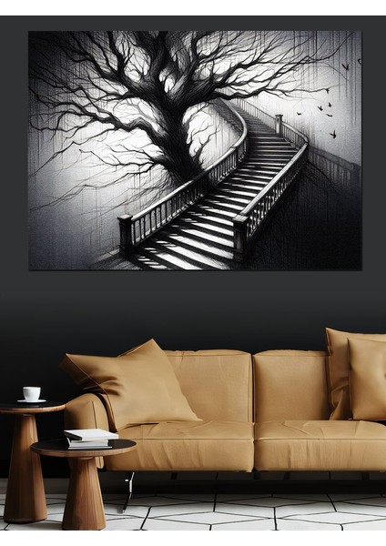 Kasvetli Merdiven ve Ağaç Dekoratif Kanvas - Mdf Ahşap Tablo fırsatları