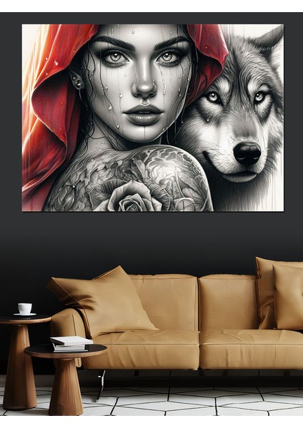 Kırmızı Başlıklı Kız ve Kurt Dekoratif Kanvas - Mdf Ahşap Tablo
