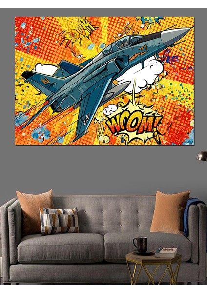 Çizgi Roman Jet Saldırısı Dekoratif Kanvas - Mdf Ahşap Tablo