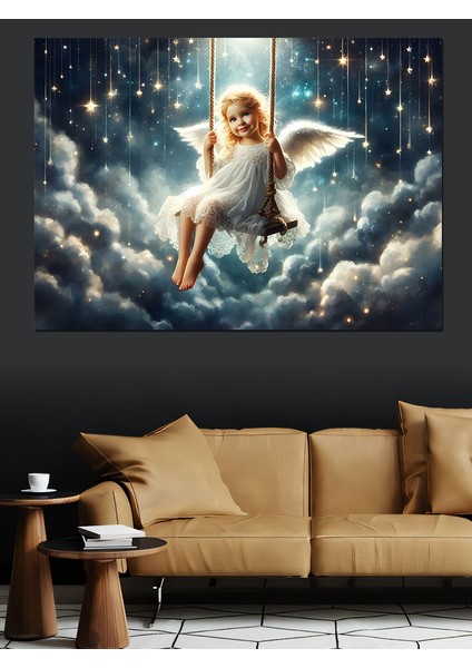 Bulutların Üstündeki Sallanan Kız Dekoratif Kanvas - Mdf Ahşap Tablo