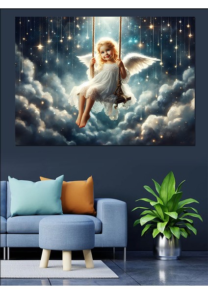 Bulutların Üstündeki Sallanan Kız Dekoratif Kanvas - Mdf Ahşap Tablo fiyatları
