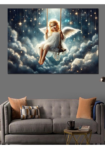 Bulutların Üstündeki Sallanan Kız Dekoratif Kanvas - Mdf Ahşap Tablo modelleri
