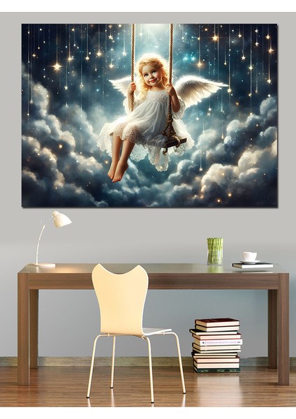 Bulutların Üstündeki Sallanan Kız Dekoratif Kanvas - Mdf Ahşap Tablo fırsatları
