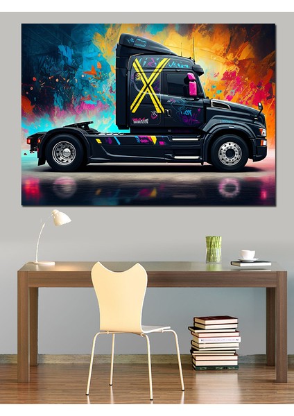 Neon Işıklı Tır Tasarımı Dekoratif Kanvas - Mdf Ahşap Tablo