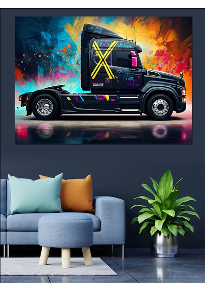 Neon Işıklı Tır Tasarımı Dekoratif Kanvas - Mdf Ahşap Tablo fırsatları