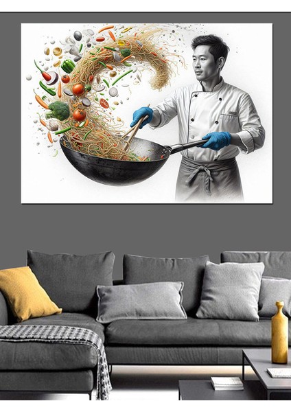 Şef ve Dökme Tavada Sebzeli Makarna Dekoratif Kanvas - Mdf Ahşap Tablo
